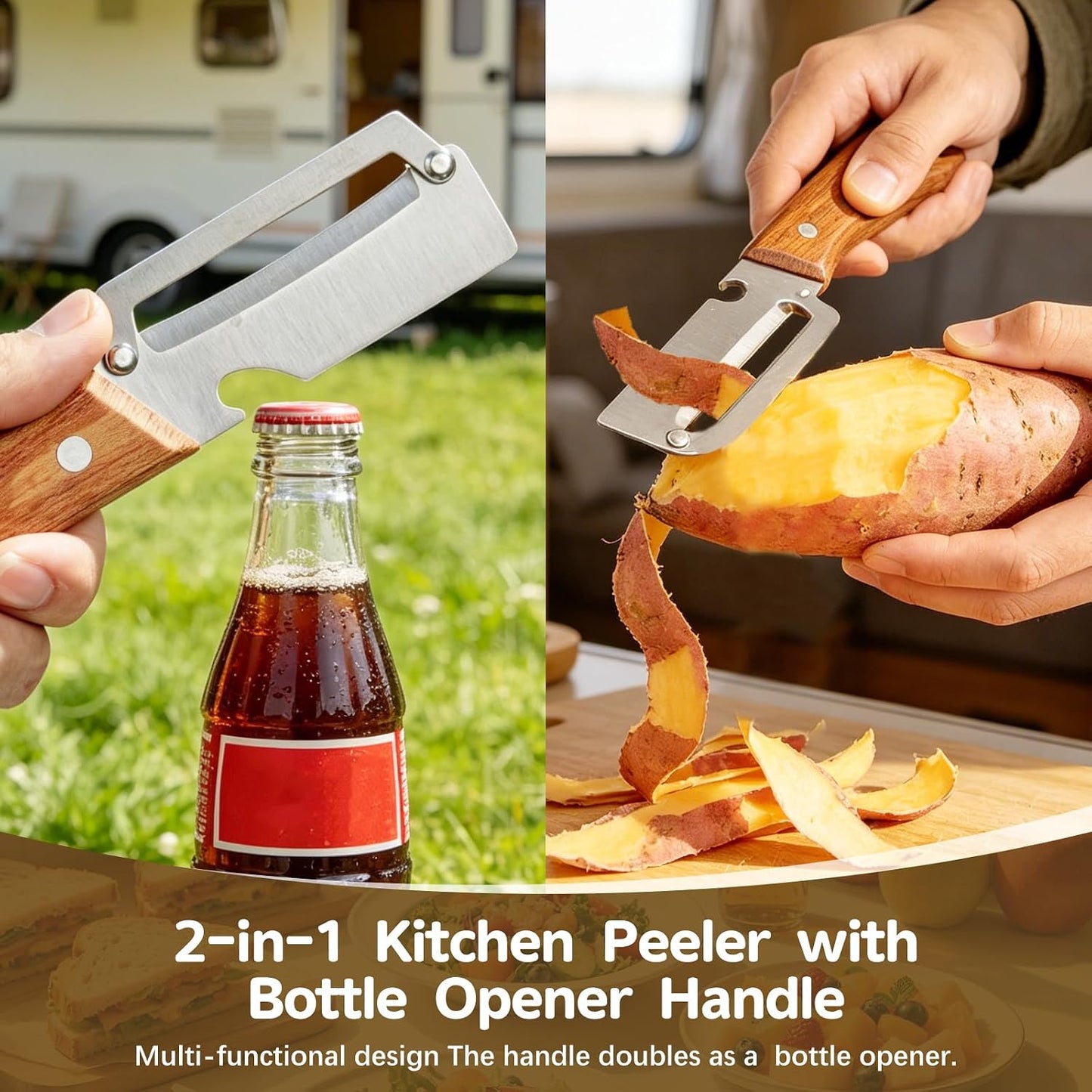 Left & Right Hand Vegetable Peeler Set with Scallion Slicer & Bottle Opener, Heavy-Duty Thick Stainless Steel Blade, Multi-Function Kitchen Peeler with Wooden Handle for Fruits & Vegetables(New 2pcs)