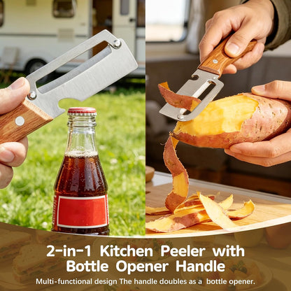Left & Right Hand Vegetable Peeler Set with Scallion Slicer & Bottle Opener, Heavy-Duty Thick Stainless Steel Blade, Multi-Function Kitchen Peeler with Wooden Handle for Fruits & Vegetables(New 2pcs)