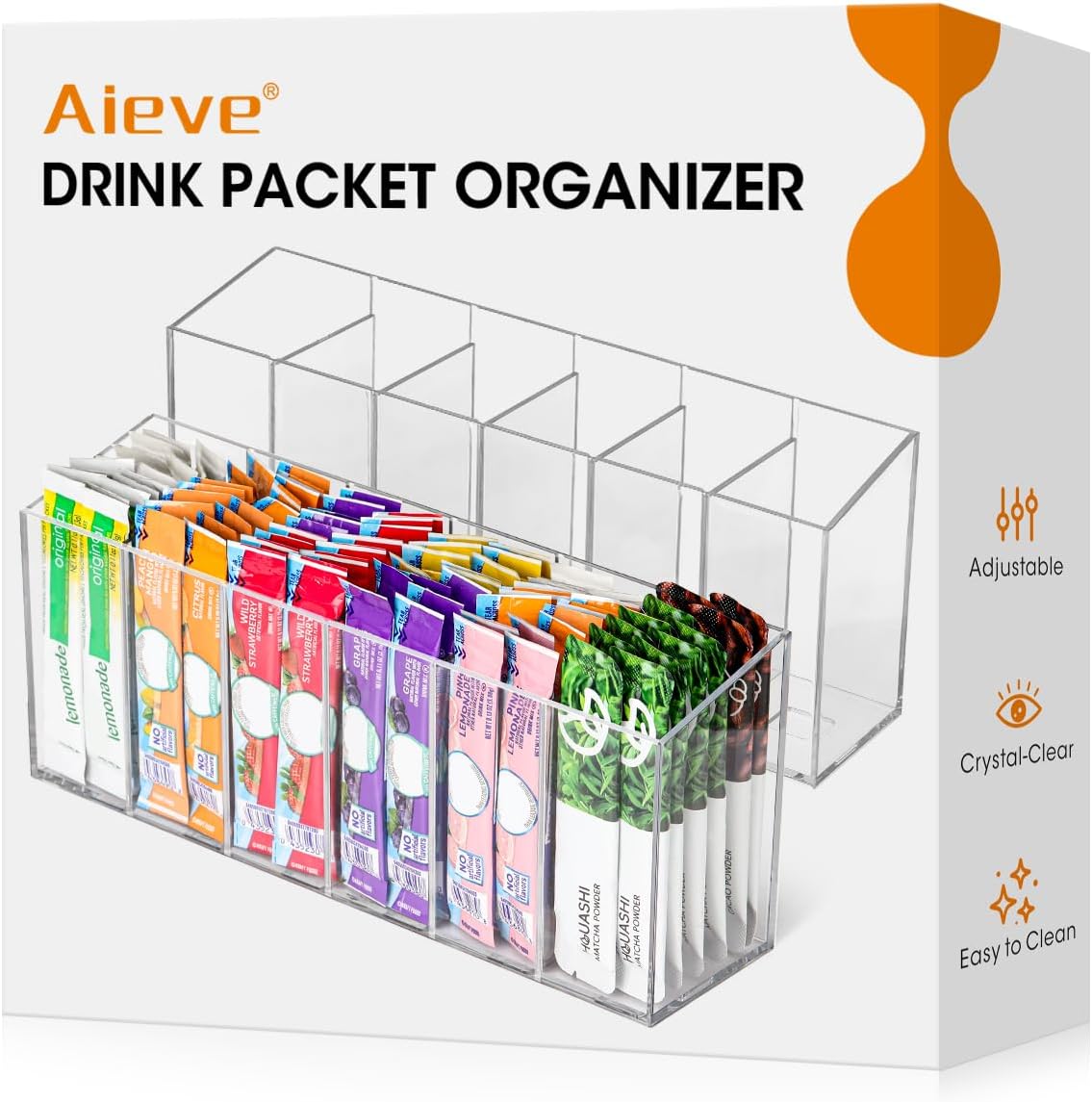 AIEVE Extra Large Drink Packet Organizer, 360° Lazy Susan Rotating Turntable for Larger Powder Drink Mix, Hydration Packets Acrylic Pantry Organizers for Kitchen Storage Organization