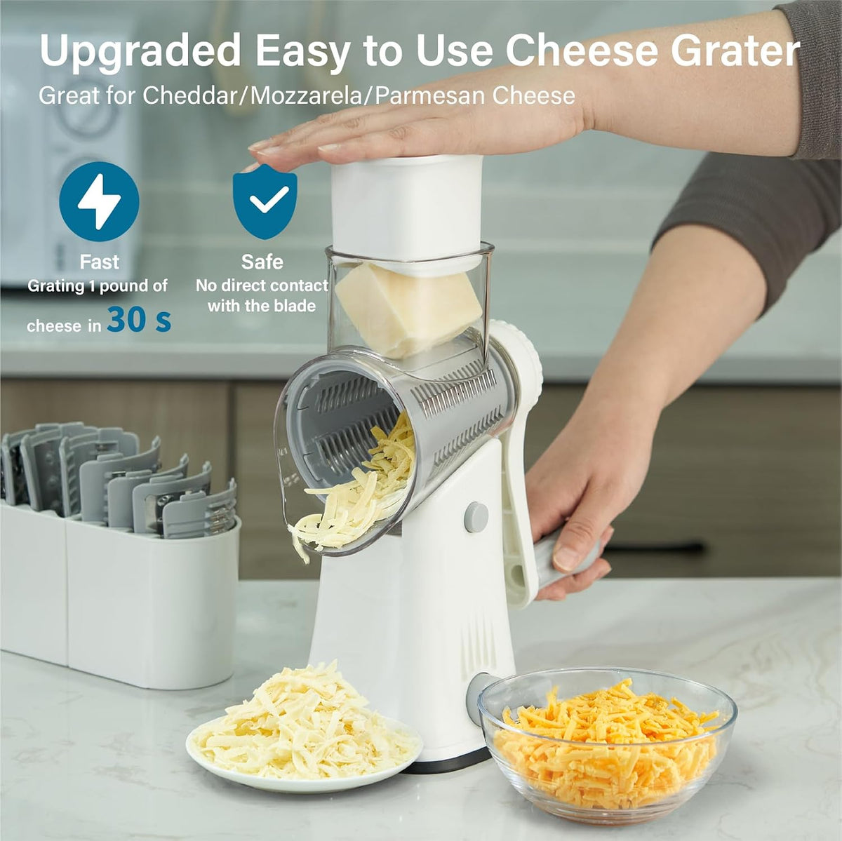 Rotary Cheese Grater hand crank 3 blades with Stronger Suction Base | Stainless Steel Blades for Fruits, Vegetables, Nuts. Dishwasher Safe & Easy to Clean, Transparent Black & Blue