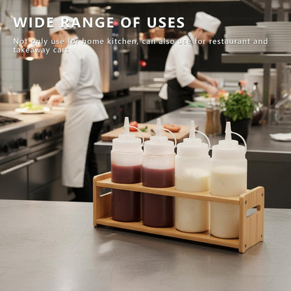 Wooden Condiment Caddy for Squeeze Bottles, 4-Bottle Countertop Organizer with Non-Slip Base, for Kitchen, Fridge, Dining Table Storage to Prevent Spills and Clutter