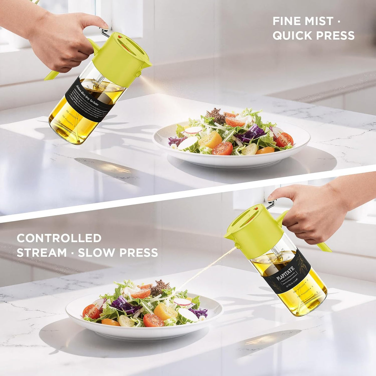 PLAPITATE 17oz/500ml Premium Olive Oil Sprayer for Cooking, 2 in 1 Glass Olive Oil Dispenser Bottle for Kitchen Gadgets, Spray Bottle with Portion Control for Salad, Frying, BBQ (Black)