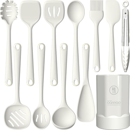 oannao Silicone Kitchen Utensils Set, 600°F Heat Resistant Silicone Cooking Utensils, Spatula, Spoon, Whisk, Tongs, Kitchen Gadgets Sets for Nonstick Cookware, Dishwasher Safe BPA Free (Black)