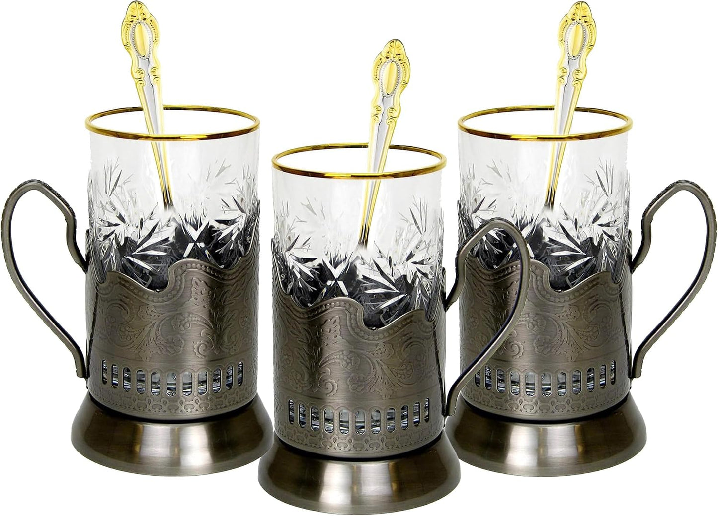 9-pc Russian Tea Set, 24 Karat Gold Banded Tempered Crystal Glasses with Metal Glass Holders with Handles and Matching Teaspoons Vintage Design (3 glass/spoon/holder)