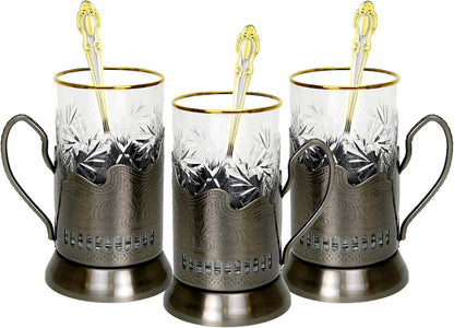 9-pc Russian Tea Set, 24 Karat Gold Banded Tempered Crystal Glasses with Metal Glass Holders with Handles and Matching Teaspoons Vintage Design (3 glass/spoon/holder)