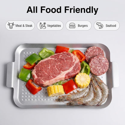 Grill Topper Grilling pans Set of 2, Non-Stick Barbecue Trays, 17" x10" and 13.3"x7.4" Durable Grill Pans with Holes, Metal Topper Baskets for Barbecue & Smoked Meat, Vegetables & Seafood