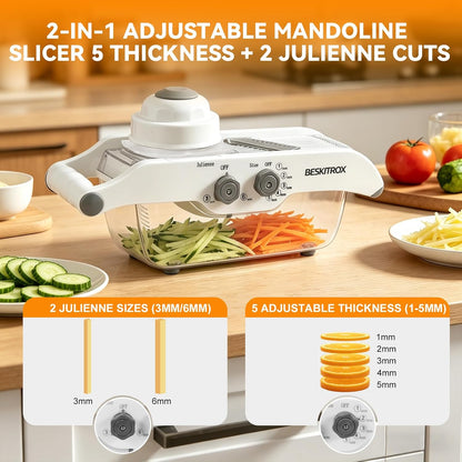 5 Thickness Adjustable Mandoline Slicer, Manual Vegetable & Fruit Slicer with Safety Hand Guard, Compact Kitchen Gadget for Lemon, Potato, Onion, Cucumber, Food Prep Tool for Home Cooking