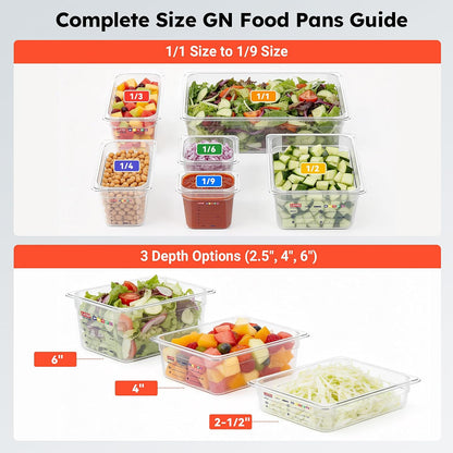 6 -Pack 1/4 Size 4" Deep Polycarbonate Food Pans, and Handled Lids Bundle