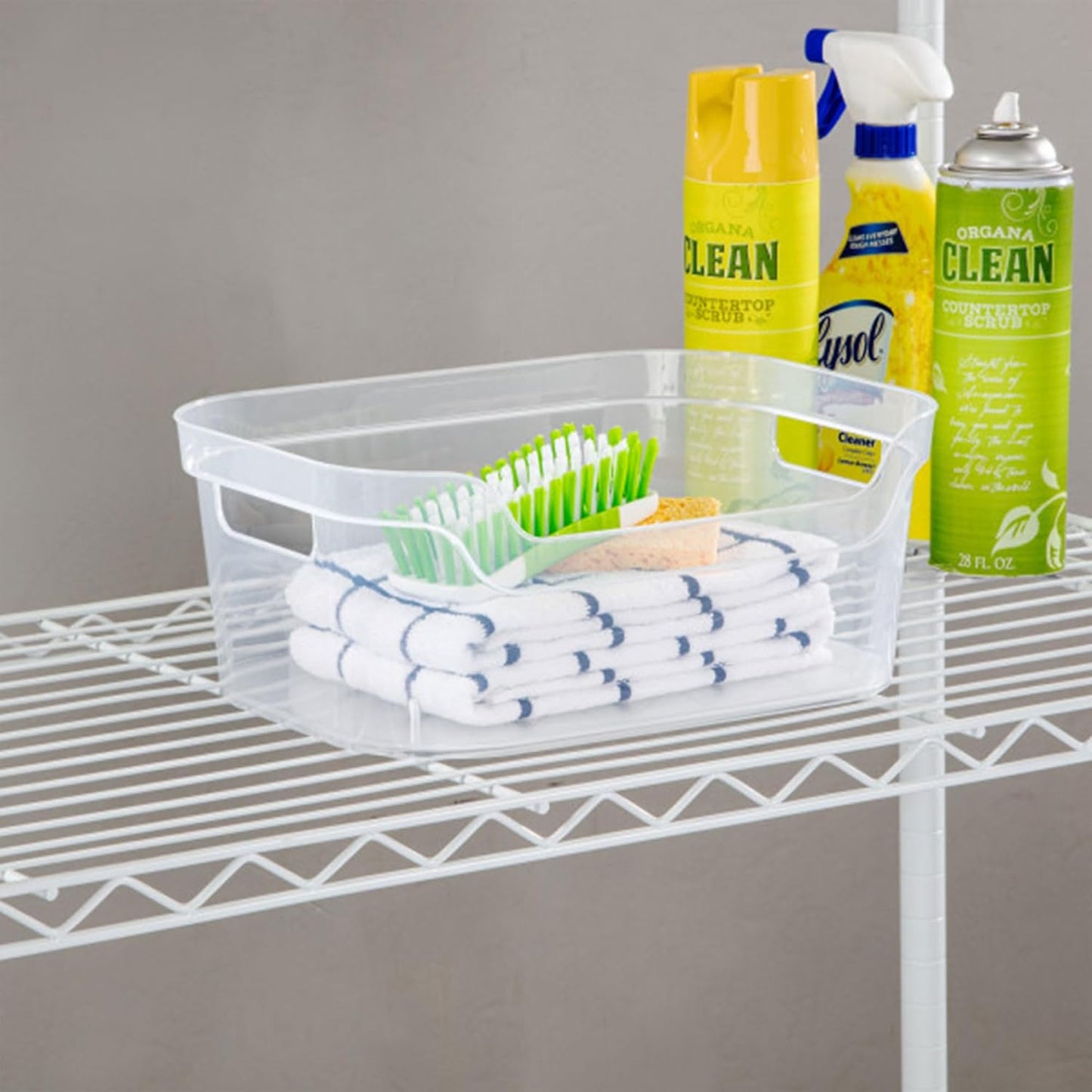 Sterilite 7 x 11 x 14.25 Inch Polished Open Scoop Front Storage Bin with Comfortable Carry Through Handles for Household Organization, Clear (6 Pack)