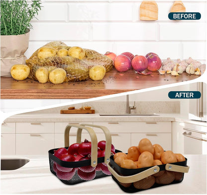 2 Set Potato and Onion Storage Bin, Fruit Basket for Kitchen Counter, Metal Wire Basket with Wooden Handle, Pantry Organizers and Storage Containers for Produce Vegetable Garlic, Black