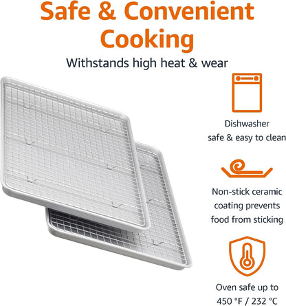 Amazon Basics Ceramic Nonstick Baking Sheets & Cooling Rack Set, Dishwasher Safe, Oven Safe, Half Sheet Size, Gray