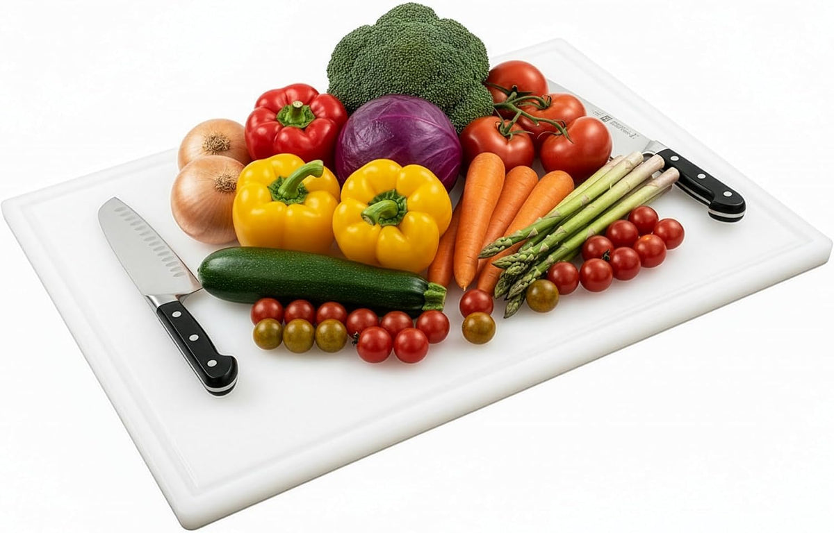 Thirteen Chefs 18x12 White Cutting Board with Groove, 1/2" Thick Plastic