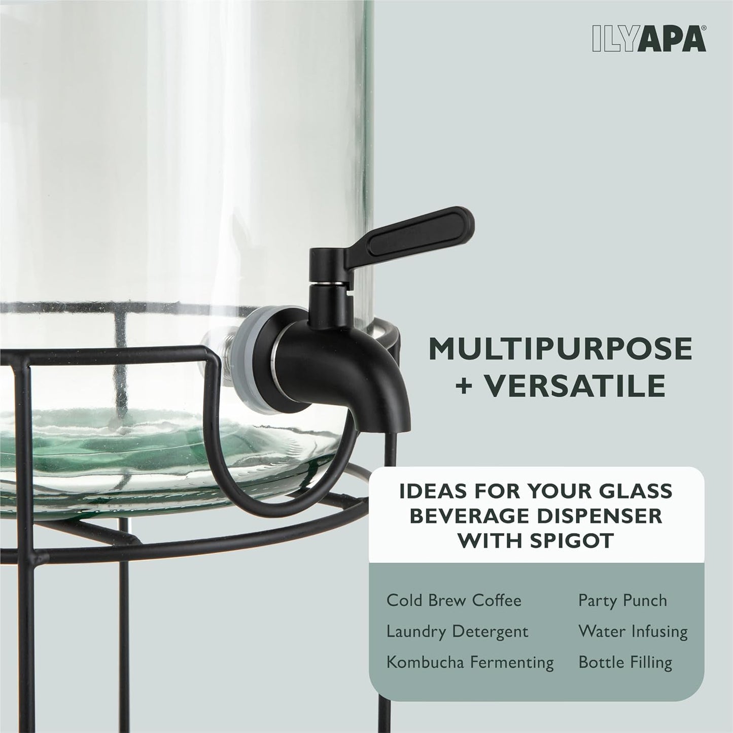 Ilyapa Glass Drink Dispensers for Parties with Stand - 2 Pack, 2 Gallon Double Beverage Dispenser with Wood Tops & Black Stainless Spigots