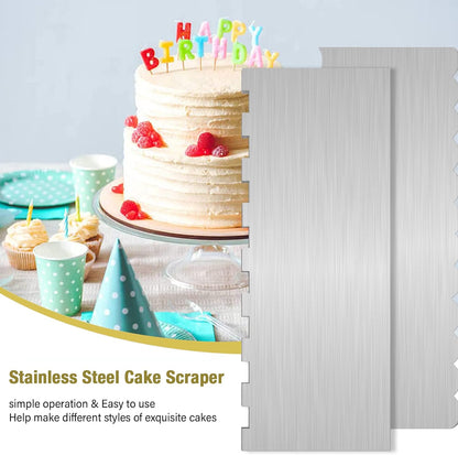 2Pcs 9 Inch Stainless Steel Cake Scrapers, Double-Sided Icing Combs