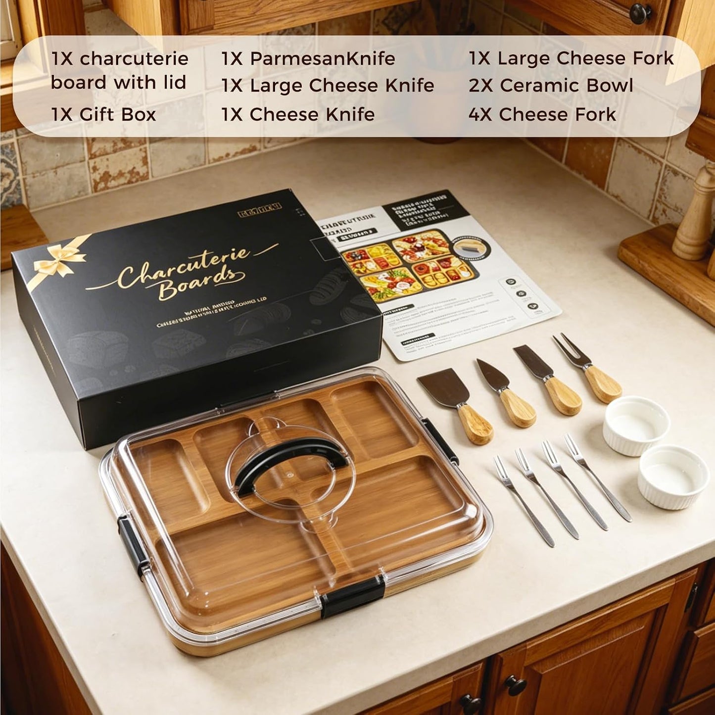 Renmxj Charcuterie Boards with Lid Gift Set, 2 in 1 Travel Portable Cheese Board with Knives Set, Carbonized Bamboo Charcuterie Tray, Housewarming Gifts New Home, Picnic, Wedding Gifts, Black Handle
