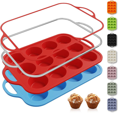 2 Packs 12 Cups Silicone Muffin Pan for Baking with Metal Reinforced Frame Regular Size Cupcake Pan Tray Egg Bites Silicone Cookie Molds Muffin Tin Tart Pans Sheet Set for Oven Dishwasher Safe