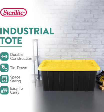 Sterilite 4-Pack 27 Gallon Industrial Storage Tote, Heavy-Duty Plastic Bins, Black/Yellow - Stackable Utility Organizers with Lids for Garage, Camping Tools, and Outdoor Gear