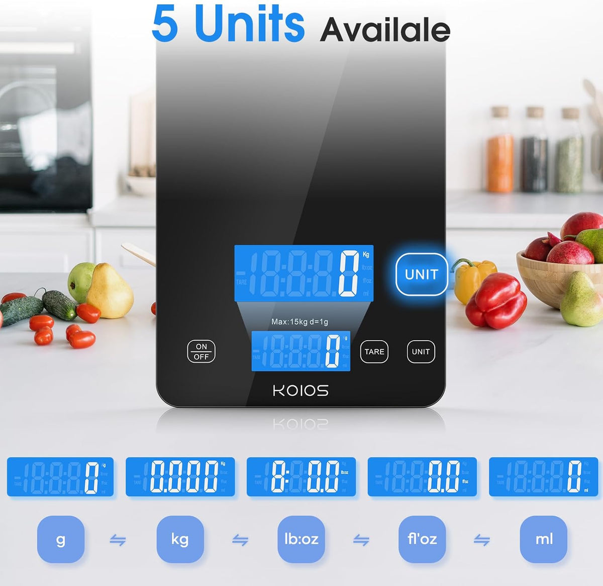 KOIOS 33lb Kitchen Scale 0.1oz Precision,Batteries & USB-C Charging(White)