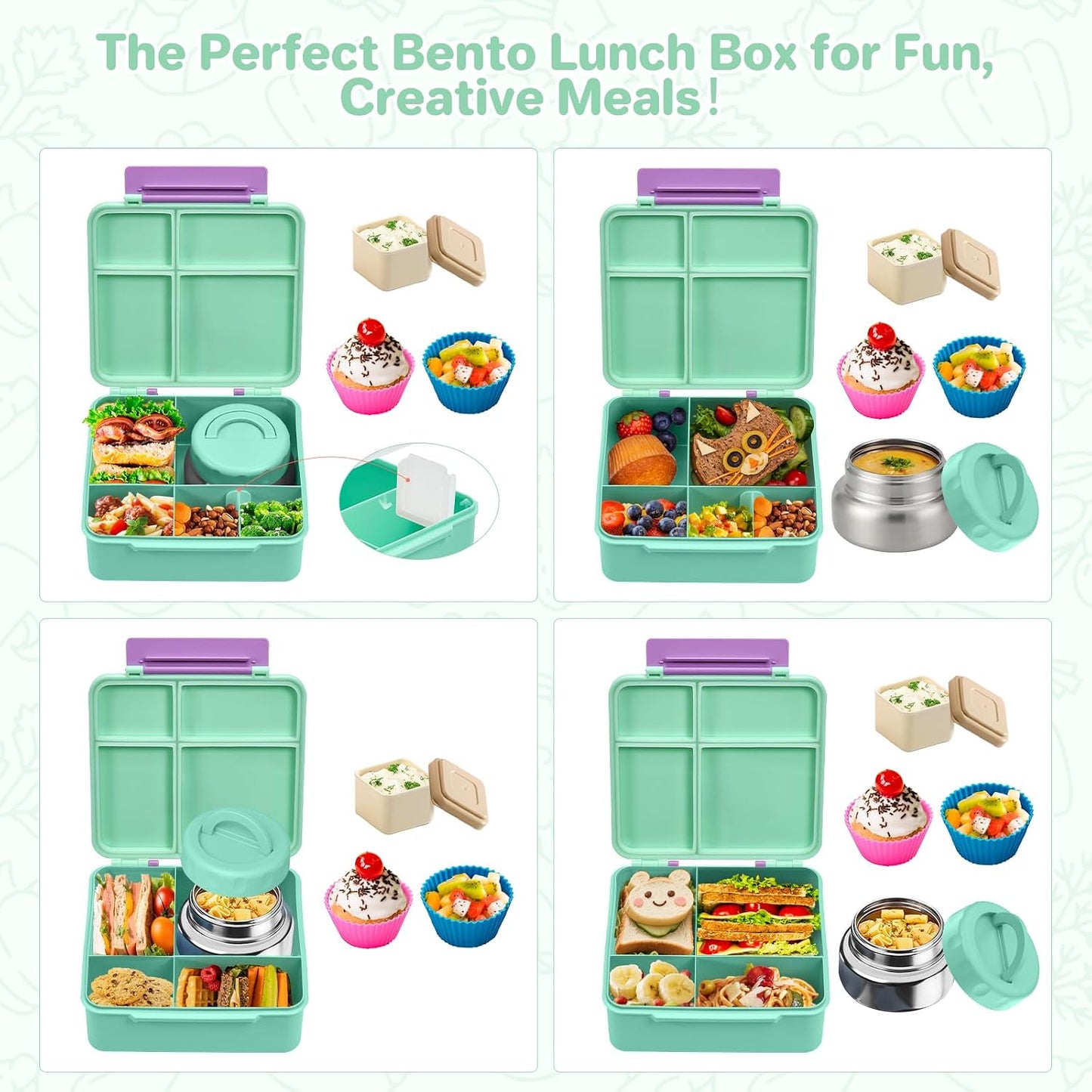 JSLOVE Bento Lunch Box with Leak Proof Thermos Food Jar for Kids, Food Lunch Containers for Boys with 4 Compartments, BPA-Free with Utensils, Food Picks, Sauce Jar & Silicone Lunch Box Dividers