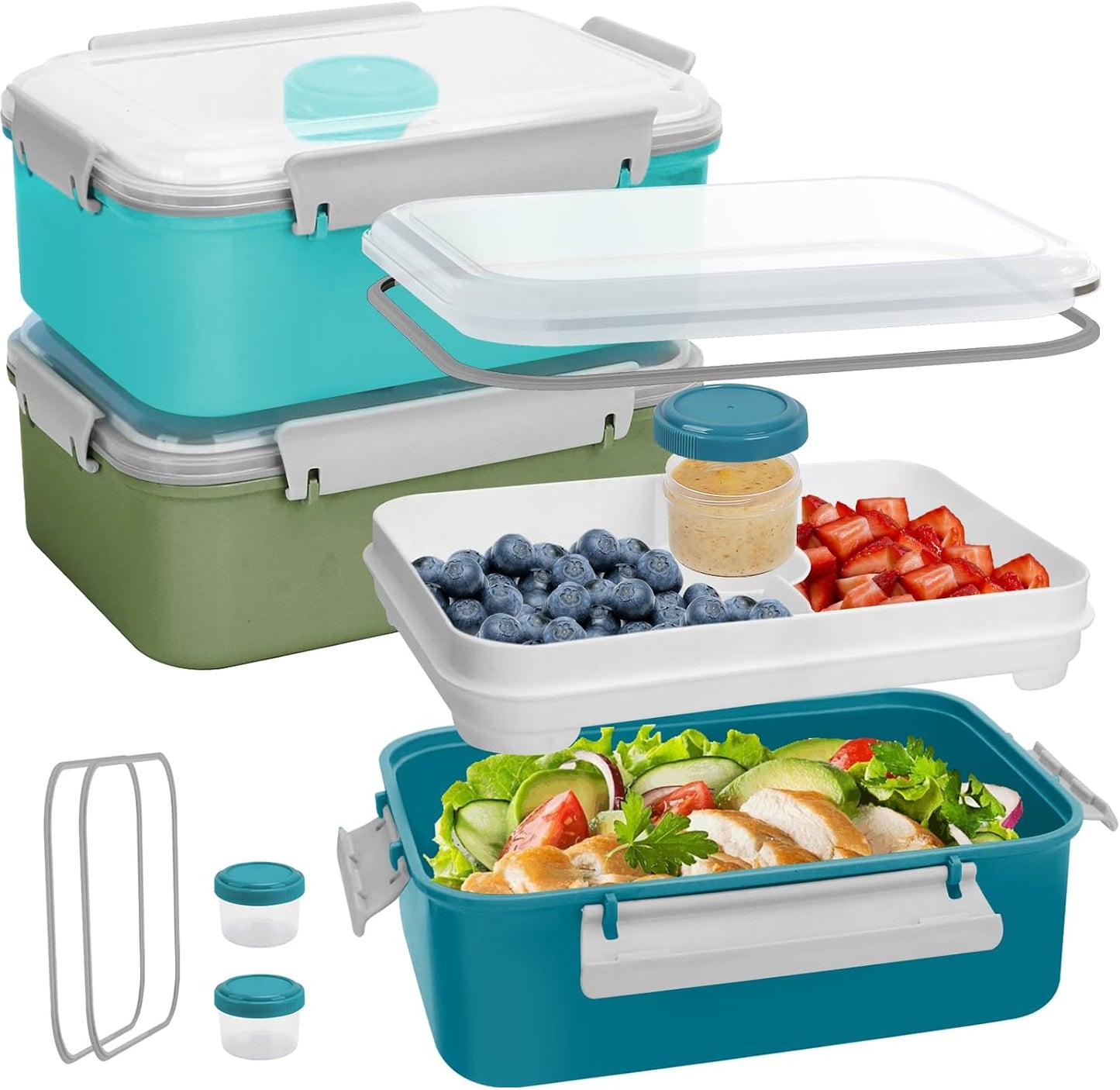 3 Pack Salad Lunch Box Food Storage Containers, 47oz Bento Box To Go Container with Lids, Reusable Meal Prep Containers with Removable Tray & Dressing Pots for Kids and Adults, Microwave Safe