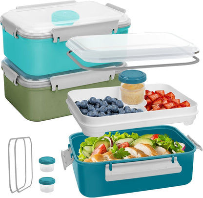 3 Pack Salad Lunch Box Food Storage Containers, 47oz Bento Box To Go Container with Lids, Reusable Meal Prep Containers with Removable Tray & Dressing Pots for Kids and Adults, Microwave Safe