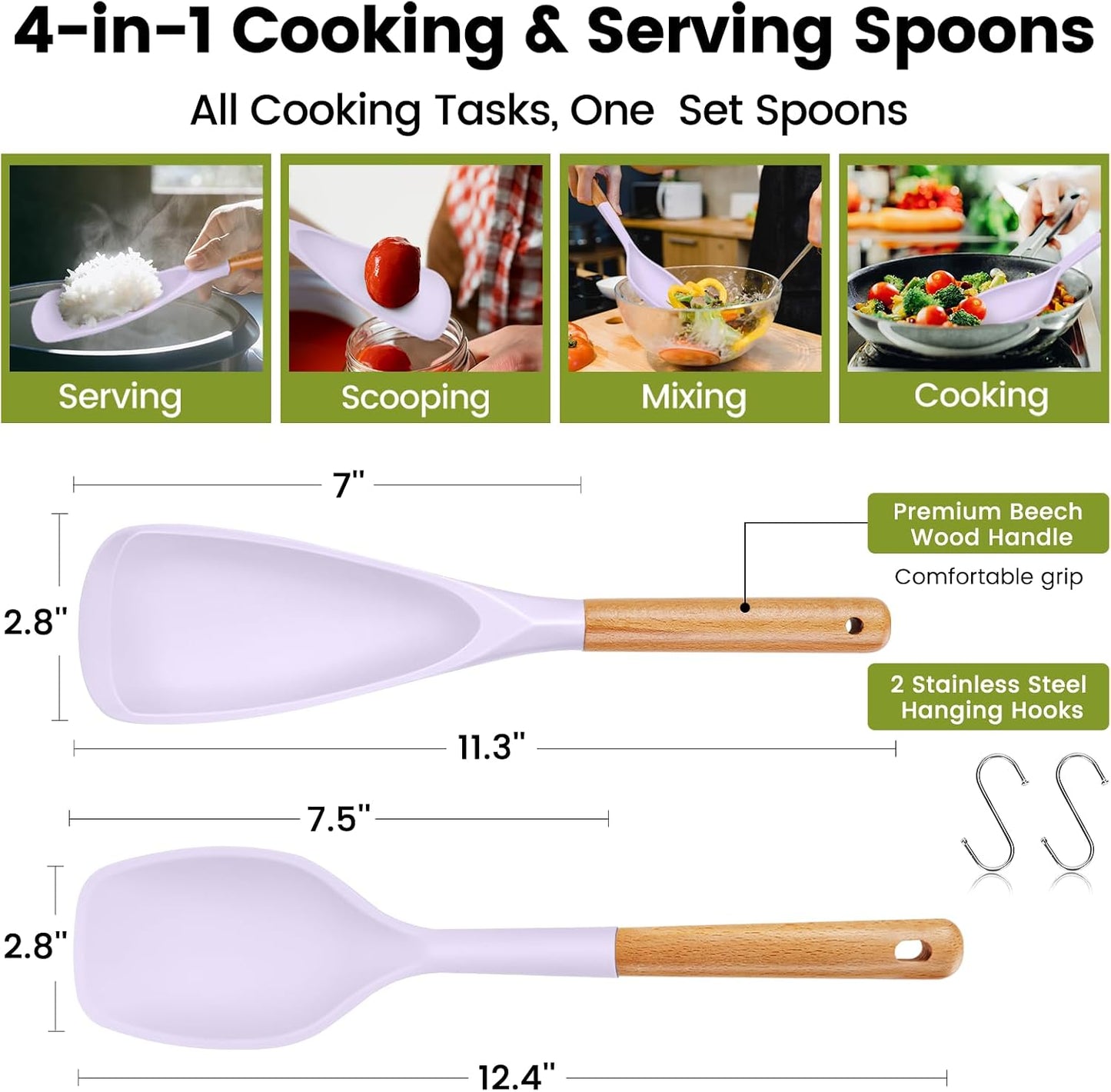 Large Silicone Cooking Spoons Set, 2 Pcs Heat Resistant Serving Spoon, Multifunction Nonstick Spatula Spoon, Kitchen Cucharras de Silicona for Mixing, Stiring, Basting, Scooping, Scraping