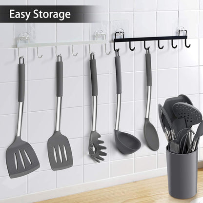 LIANYU 15 Pcs Kitchen Cooking Utensils Set with Holder, Silicone Kitchen Tools with Stainless Steel Handle, Heat Resistant Gadgets, Brush Spatula Spoon Whisk for Cookware, Dishwasher Safe, Khaki
