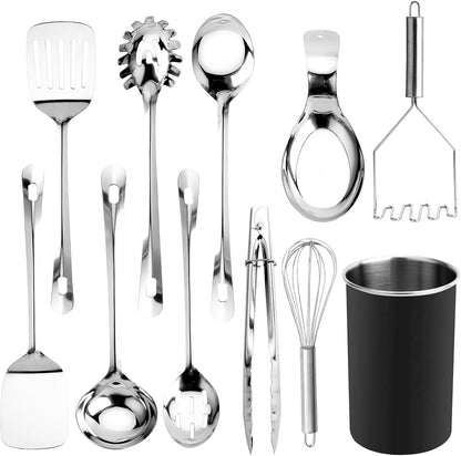 COOK WITH COLOR Kitchen Utensil Set - premium Nonstick & Heat Resistant Kitchen Gadgets, Turner, Spaghetti Server, Serving Spoons, Whisk, Tongs, Masher & Utensil Holder, 10-piece Stainless Steel