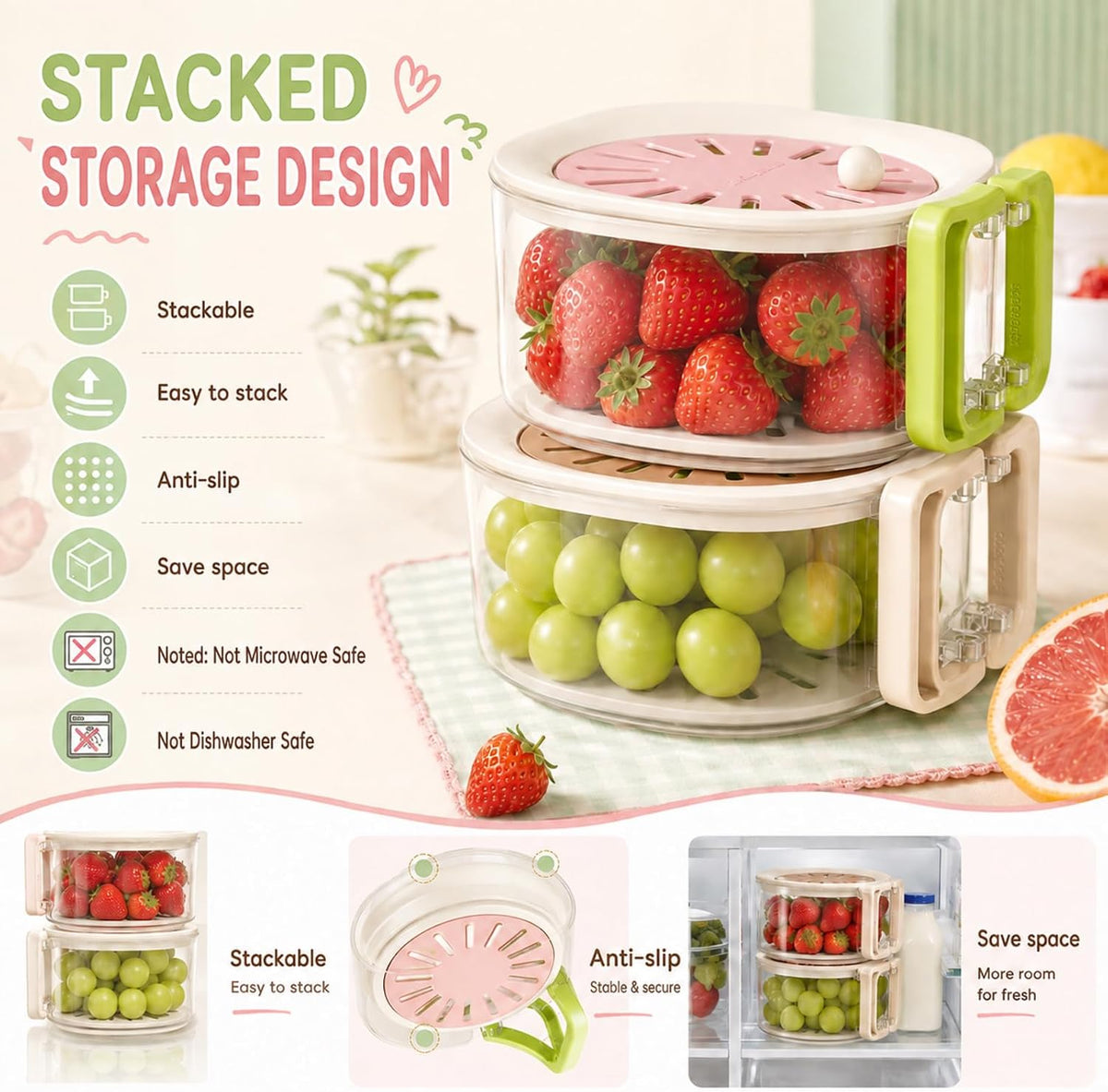 Fruit Vegetable Washing Bowl with Strainer and Lid, Multifunctional Portable Colander, Berry Lettuce Storage Container for Fridge Refrigerator Kitchen Organization, BPA‑Free Food‑Safe Drain Container