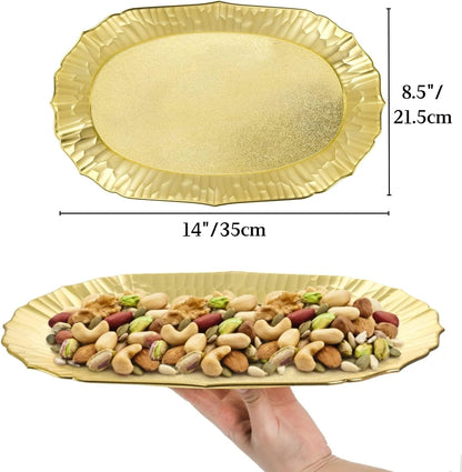 AVLA 6 Pack Plastic Serving Tray, Gold Serving Platter Set, Reusable Party Snack Serving Tray, Decorative Food Appetizer Platters for Dessert Table, Cupcake, Charcuterie, Cookies, 14" x 8.5"