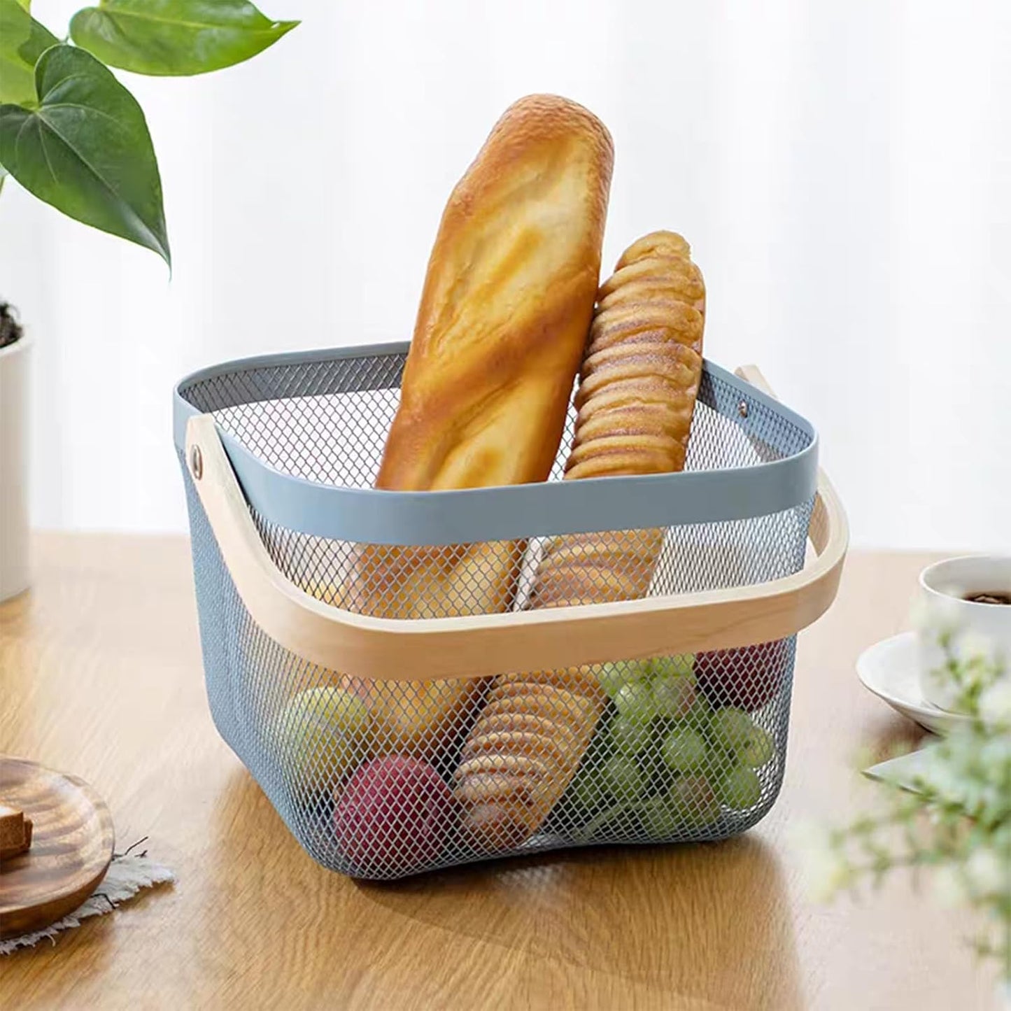 AJIODA Metal Mesh Wire Basket, Large Steel Basket with Wooden Handle Storage Organizer Basket Multi-functional Hanging Kitchen Baskets Fruit Baskets for Kitchen Bathroom Cabinet Pantry Snacks, Black