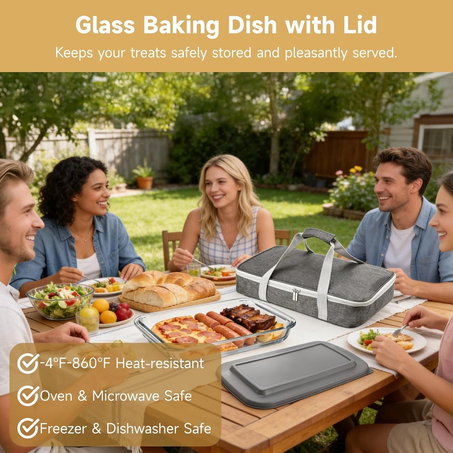 Glass Baking Dish with Lid, 9 x 13in High Borosilicate Glass Casserole with Insulated Carry Bag, Heat Resistant Food Container for Oven, Microwave, Freezer