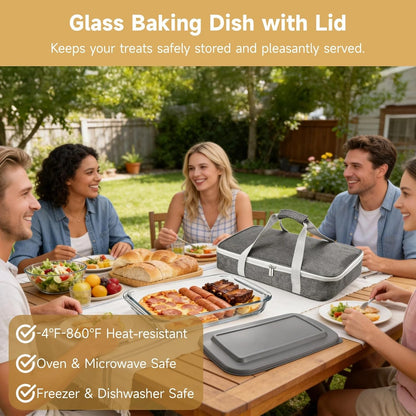 Glass Baking Dish with Lid, 9 x 13in High Borosilicate Glass Casserole with Insulated Carry Bag, Heat Resistant Food Container for Oven, Microwave, Freezer