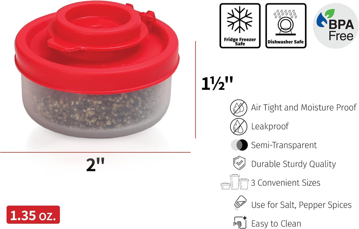 SIGNORAWARE Salt and Pepper Shakers Moisture Proof Set of 2 Large Salt Shaker to go Camping Picnic Outdoors Kitchen Lunch Boxes Travel Spice Set Clear with Red Covers Lids Plastic Airtight Dispenser