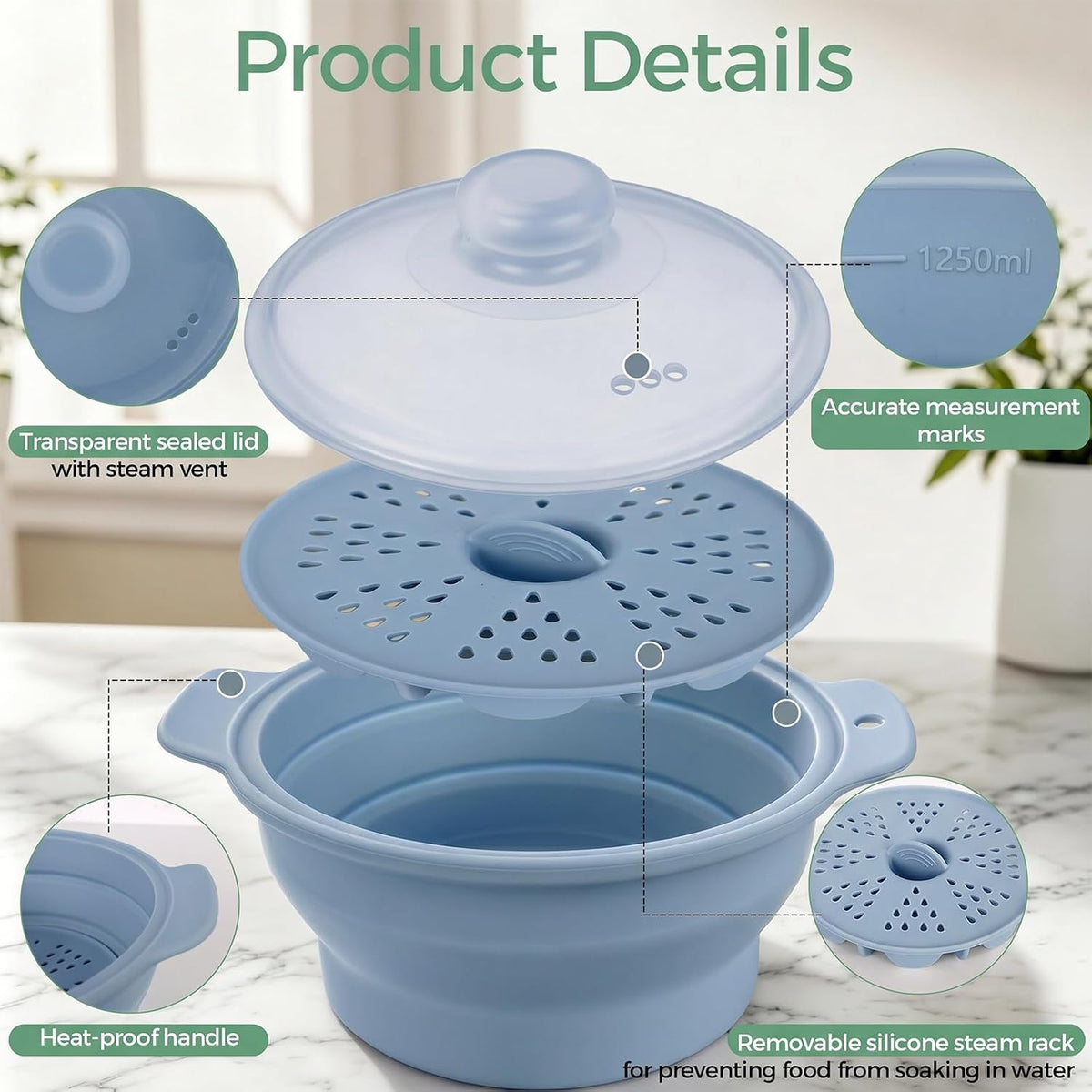 FUNKYLEE 42oz Collapsible Silicone Microwave Steamer for Vegetables, Green
