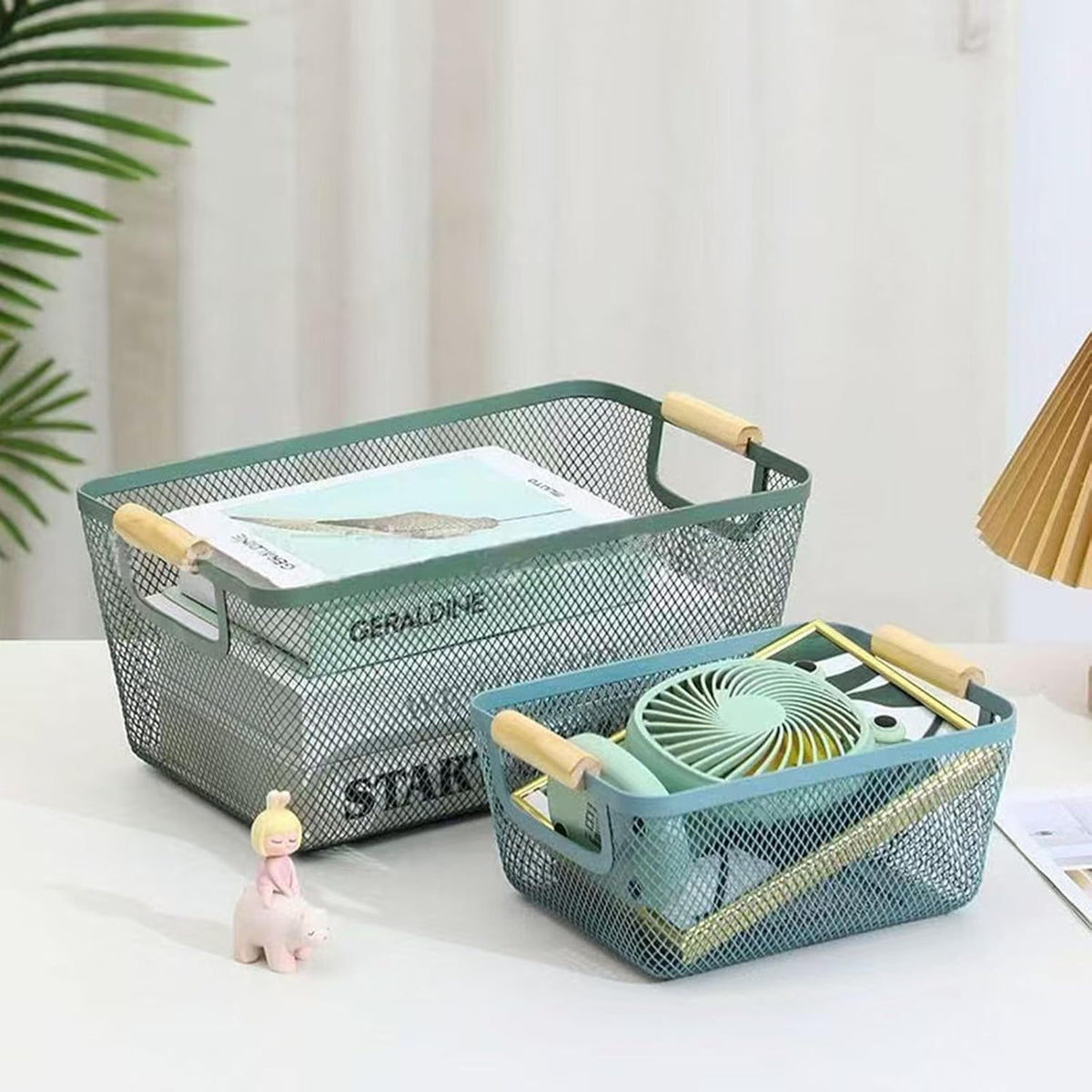 AJIODA Metal Mesh Steel Basket, Large Wire Storage Organizer Basket Multi-function Hanging Kitchen Baskets with Wood Handle for Kitchen Bathroom Picnic Home, Rectangle-Off White