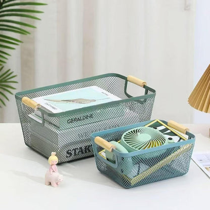AJIODA Metal Mesh Steel Basket, Large Wire Storage Organizer Basket Multi-function Hanging Kitchen Baskets with Wood Handle for Kitchen Bathroom Picnic Home, Rectangle-Off White