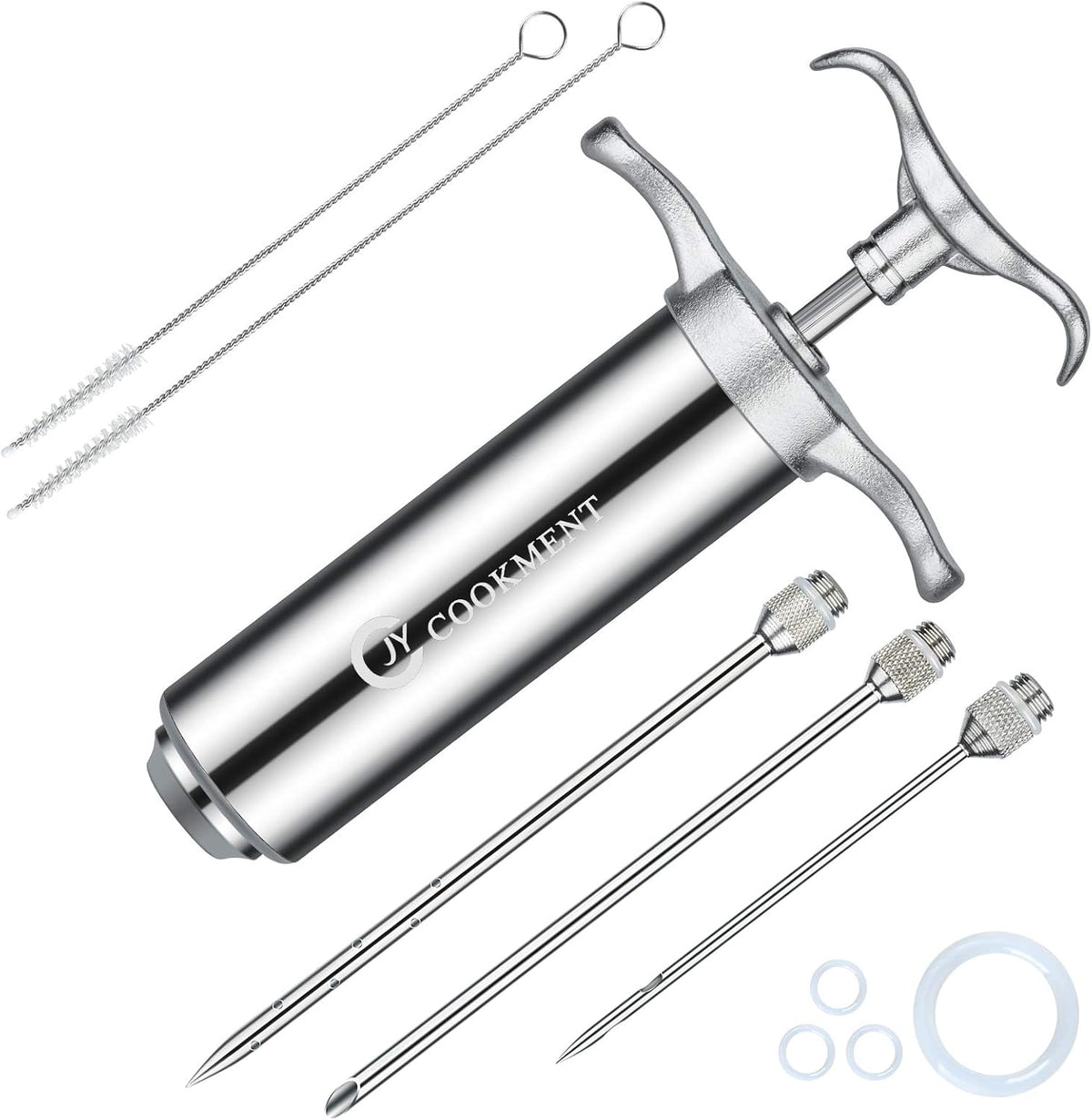 JY COOKMENT Meat Injector Syringe 2-oz Marinade Flavor Barrel 304 Stainless Steel with 3 Professional Needles 2 Cleaning Brushes and 4 Silicone O-Rings