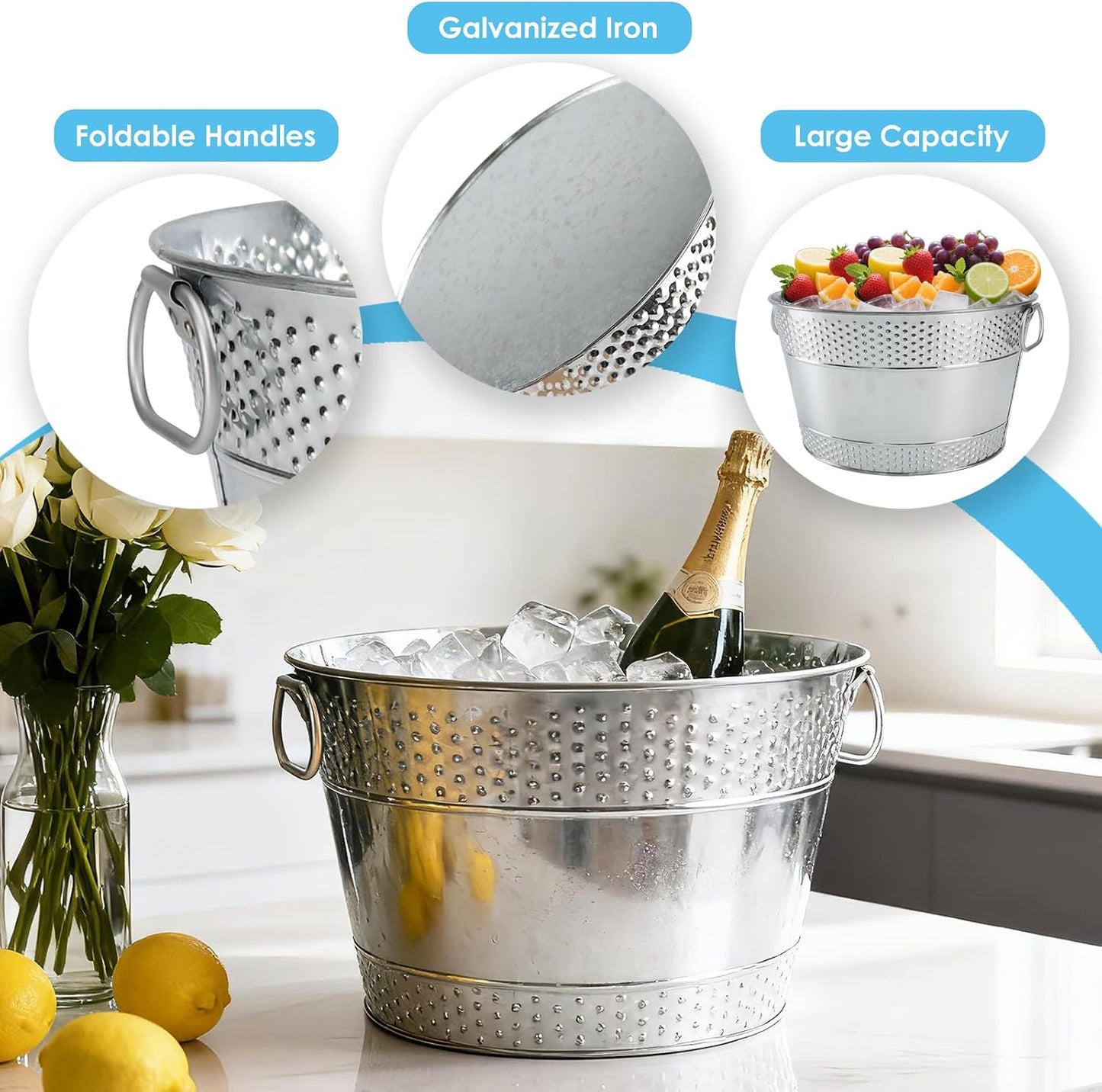 2PCS Beverage Tub Large Ice Bucket For Parties, Thick Metal Galvanized Tub Drink Buckets, Beverage Bucket with Handles, Drink Bucket for Indoor & Outdoor Party (Sliver)