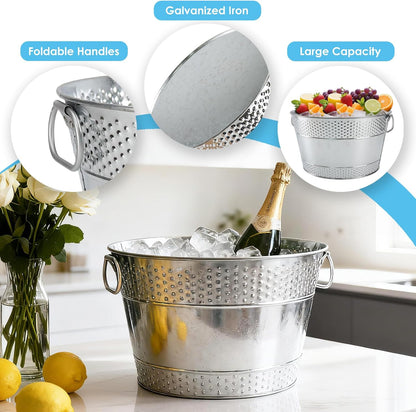 2PCS Beverage Tub Large Ice Bucket For Parties, Thick Metal Galvanized Tub Drink Buckets, Beverage Bucket with Handles, Drink Bucket for Indoor & Outdoor Party (Sliver)
