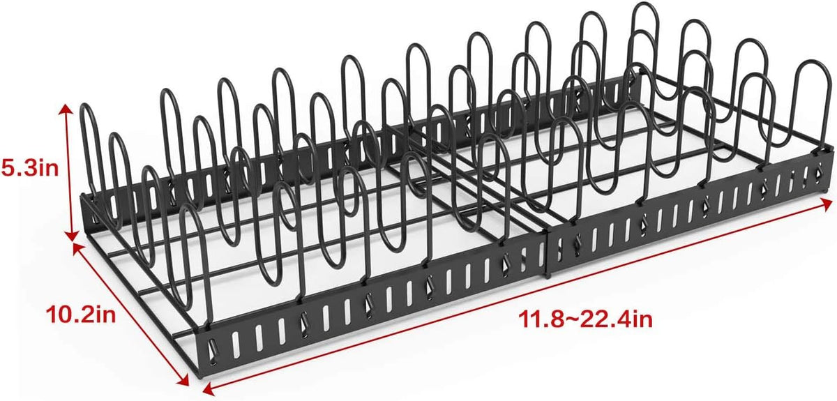 Expandable Food Container Lid Organizer,Large Capacity Adjustable 8 Dividers Detachable Lid Organizer Rack for Cabinets, Cupboards, Pantry Shelves, Drawers Keep Kitchen Tidy,Black 10.2”wide,3.6 Pound.