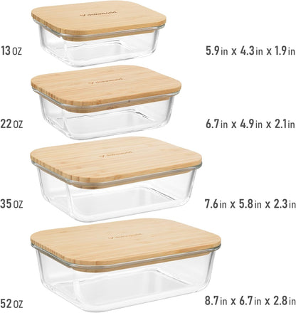 Set of 4 Stackable Space-Saving Nesting Glass Bowls with Airtight Acacia Lids for Lunch, Meal & Food Prep - Microwave & Oven-ready BPA Free Durable Heat Resistant Inert Borosilicate Glass