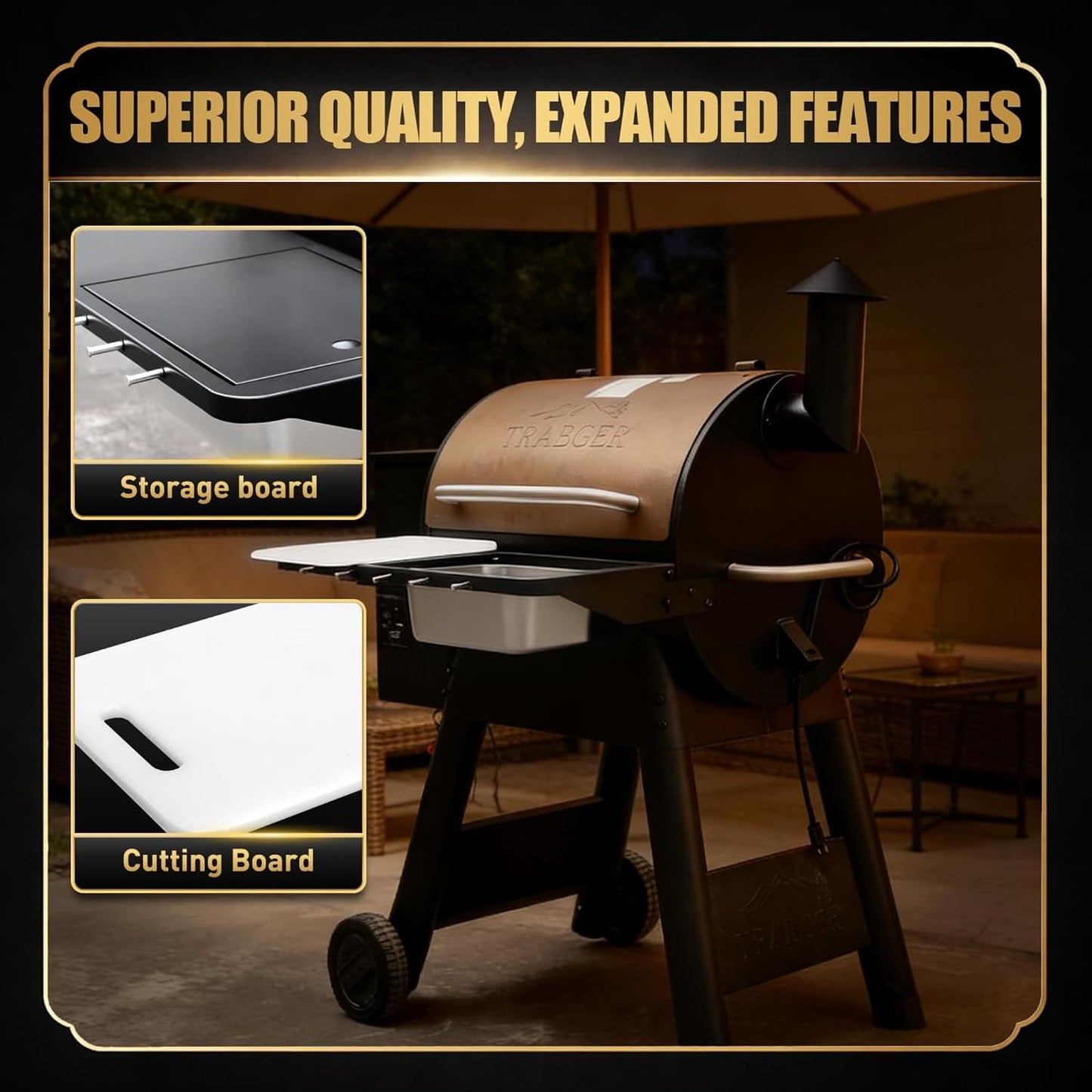 QuliMetal Folding Front Shelf for Traeger Pro 34, Texas Elite 34, Century 885 and Eastwood 34, 37" x 12" Heavy-Duty Grill Prep Table with Cutting Board, Stainless Steel Basin, Lid and 5 Hooks