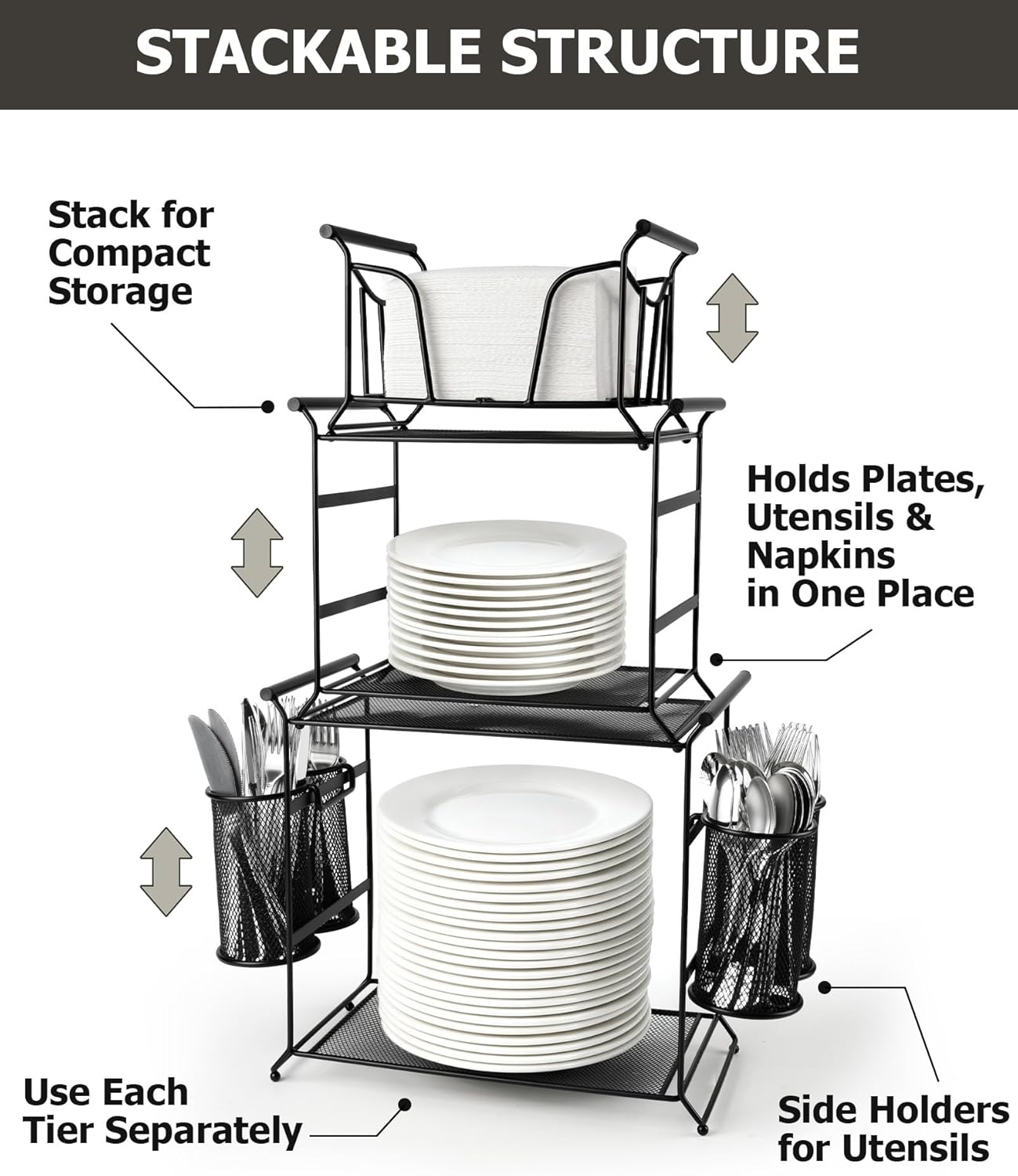 HULISEN 3-Tier Buffet Caddy, 7-Piece Set Stackable Paper Plate and Utensil Holder for Party, Detachable Mesh Silverware Organizer for Countertop, Metal Serving Station for Hosting Party Essentials