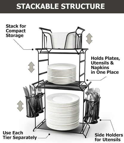 HULISEN 3-Tier Buffet Caddy, 7-Piece Set Stackable Paper Plate and Utensil Holder for Party, Detachable Mesh Silverware Organizer for Countertop, Metal Serving Station for Hosting Party Essentials