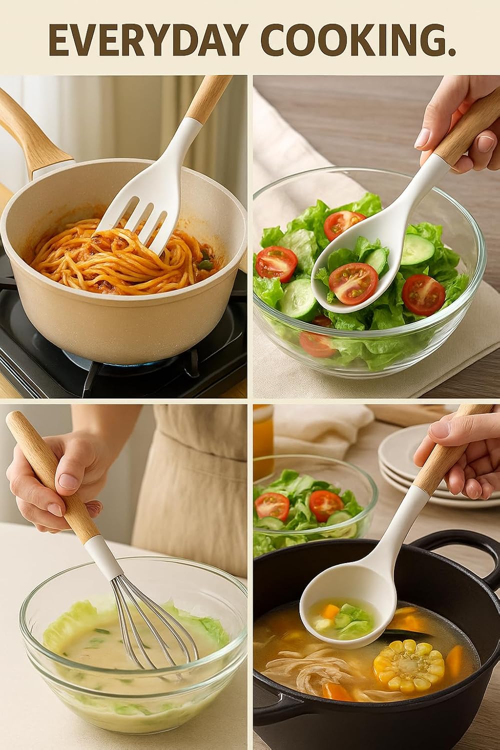 14-Piece Silicone Cooking Utensil Set with Wooden Handles & Storage Holder – Heat-Resistant, Non-Stick Safe, Oven Safe – White