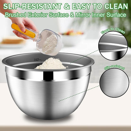 DUTZUN Mixing Bowls with Lids Set - 16pcs Stainless Steel Mixing Bowl Set with Colander, 3 Grater Attachments, Non-Slip Bottom, Metal Nesting Bowls with Strainer for Mixing & Serving - Black