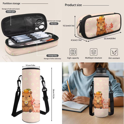 Cute Capybara Pizza Backpack for Girls, 5 Pcs Boys School Bag Set for Kids, 17 Inch Backpacks Lunch Pencil Box Reusable Utensils Case Set for Middle Elementary School, 3rd Grade Backpack