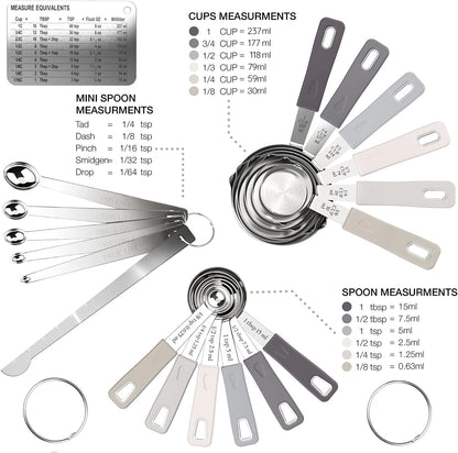 CuttleLab 22-Piece Stainless Steel Measuring Cups and Spoons Set, Tad Dash Pinch Smidgen Drop Mini Measuring Spoons, Measuring Stick Leveler, Measurement Conversion Chart Fridge Magnet, (Charcoal)
