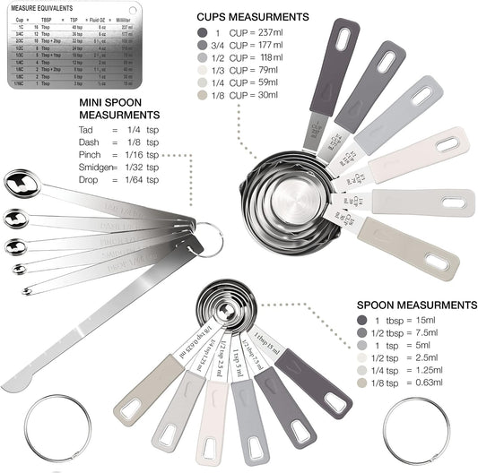 CuttleLab 22-Piece Stainless Steel Measuring Cups and Spoons Set, Tad Dash Pinch Smidgen Drop Mini Measuring Spoons, Measuring Stick Leveler, Measurement Conversion Chart Fridge Magnet, (Charcoal)